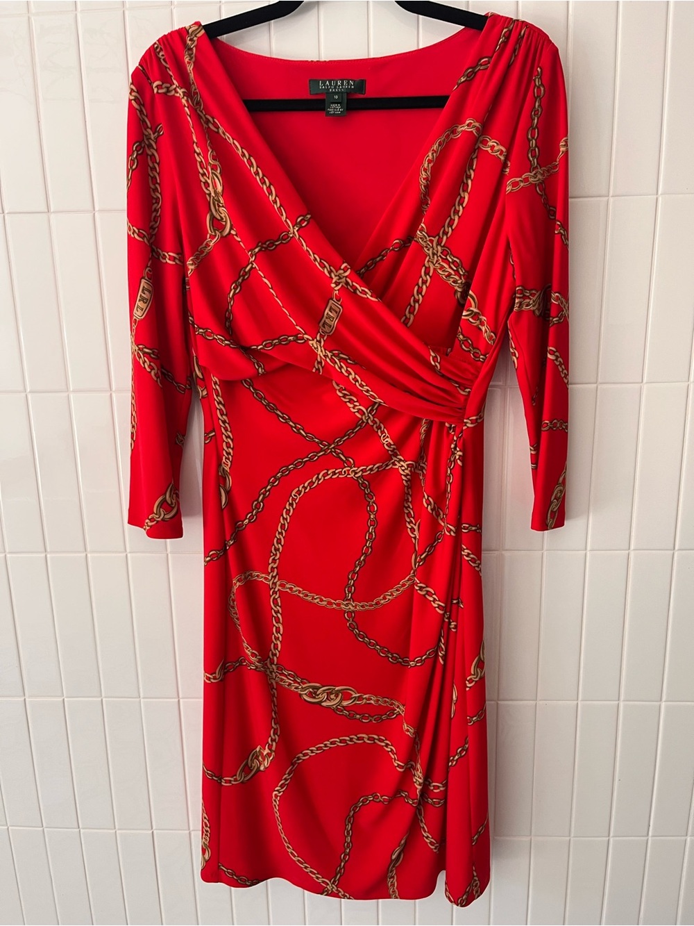 Lauren Ralph Lauren Red Gold Chain Print Faux Wrap Dress Classic Size 10
